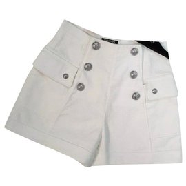 Balmain Silver Button Cotton Shorts Größe 36 Weiß