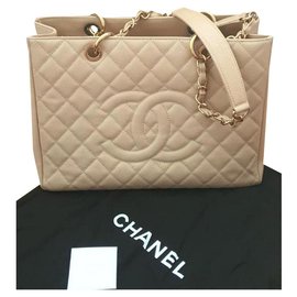Chanel-Chanel Beige Caviar GST shopping tote bag GHW-Beige