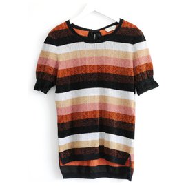Fendi-Lurex Stripe Drop Hem Knit Puff Sleeve Sweater Top-Multiple colors