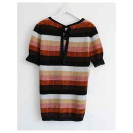 Fendi-Lurex Stripe Drop Hem Knit Puff Sleeve Sweater Top-Multiple colors