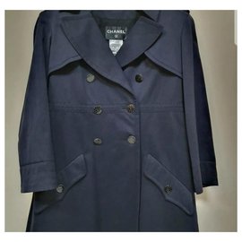 Chanel-Chanel Logo Cc Buttons Navy Cotton Trench Coat   Sz.38-Navy blue