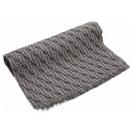 Fendi-Fendi Gray Zucca Wool Fringe Scarf-Grey
