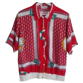 Vintage Cellini Made in Italy Bluse mit Schalmuster. Weiß Rot Golden Grün