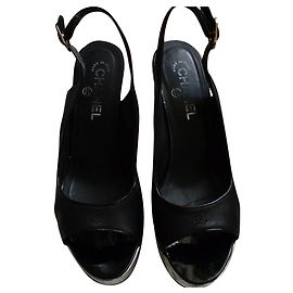 Chanel Wedge Sandals Black Leather 39 IT Black