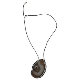 Autre Marque Collier en argent e agathe Kaki Jaune