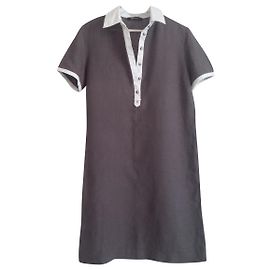 Elena Miró 100% Robe en lin taupe avec col blanc contrastant Blanc Taupe
