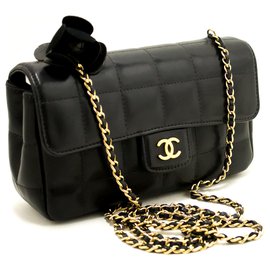 Chanel-CHANEL Camellia Chocolate Bar Chain Shoulder Bag Black Quilted-Black