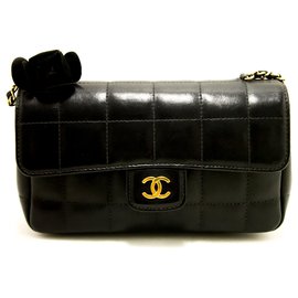 Chanel-CHANEL Camellia Chocolate Bar Chain Shoulder Bag Black Quilted-Black