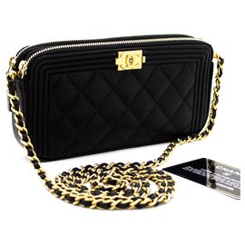 Chanel-CHANEL Boy Black Caviar Wallet On Chain WOC W Zip Shoulder Bag-Black