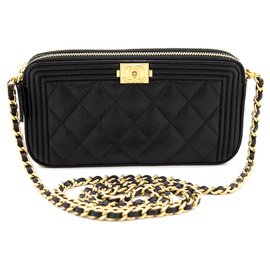 Chanel-CHANEL Boy Black Caviar Wallet On Chain WOC W Zip Shoulder Bag-Black
