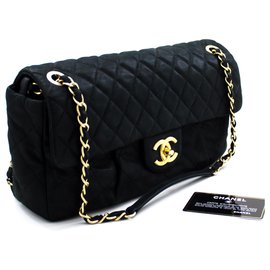 Chanel-CHANEL couro de bezerro Sparkle Leather Chain Shoulder Bag Preto acolchoado-Preto