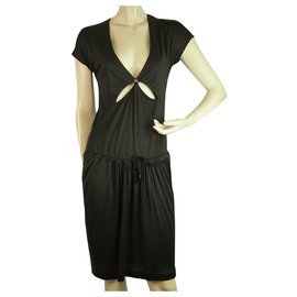 Tomas maier-Tomas Maier Black Silk V Neckline w. Slits Cap Sleeves Knee Jersey Dress size 36-Black