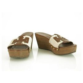 Tory Burch Patti Beige Canvas Tan Leather Platform Shoes Slides Sandals sz 7.5 Beige
