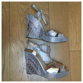 Christian Louboutin-Silver leather wedge sandals-Silvery