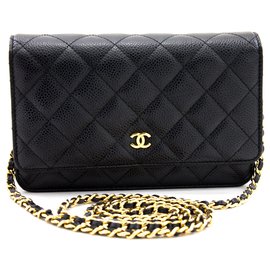 Chanel-CHANEL Carteira Caviar On Chain WOC Bolsa de Ombro Preta Crossbody-Preto