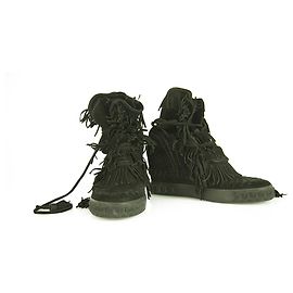 Casadei Black Suede Fransen Iconic Chain Wedge Platform Booties Schuhe Boot 37 Schwarz