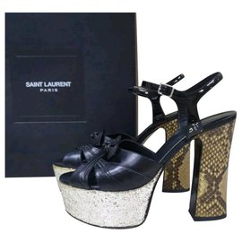 Saint Laurent-Saint Laurent Black Leather Python Heeled Platform Sandals  Sz.36-Multiple colors
