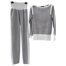 Chanel Algodão Logo Pants Suit Sz.34 Cinza