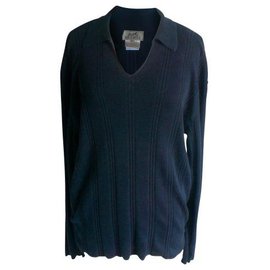 Hermès-HERMES Men's navy cotton sweater with polo neck BE TXL-Navy blue