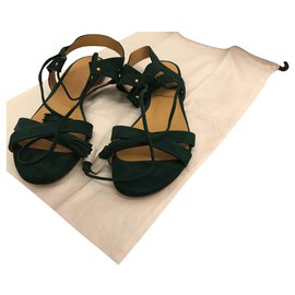 SéZane-Sandale plate en cuir suédé vert à nouer-Vert foncé