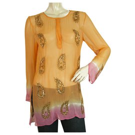 Autre Marque-A ce soir Orange Silk Paisley Sequins Blouse Tunic Kaftan Cover Up Top sz S-Multiple colors
