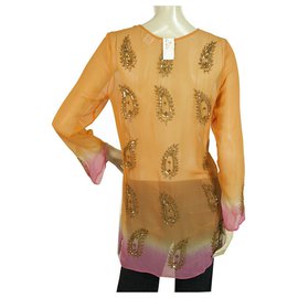 Autre Marque-A ce soir Orange Silk Paisley Sequins Blouse Tunic Kaftan Cover Up Top sz S-Multiple colors