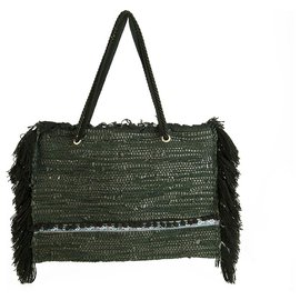 Autre Marque-Ange Black Cotton Weave Boho Hippie Oversize Shoulder Bag with Fringes Handbag-Black
