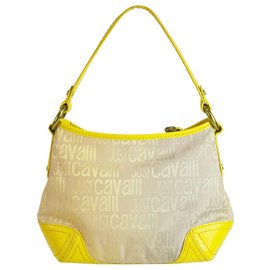 Just Cavalli-Just Cavalli Bolso bandolera de lona con monograma rosado de cuero Hobo-Amarillo