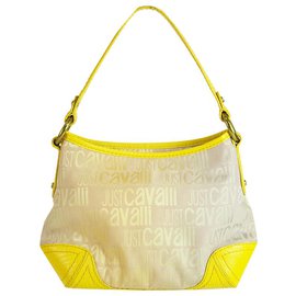 Just Cavalli-Just Cavalli Bolso bandolera de lona con monograma rosado de cuero Hobo-Amarillo