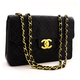 Chanel-Chanel Jumbo 13" Maxi 2.55 Flap Chain Shoulder Bag Black Lambskin-Black