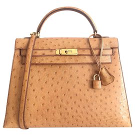 Hermès-Hermes Kelly 32 em ouro de avestruz-Castanho claro