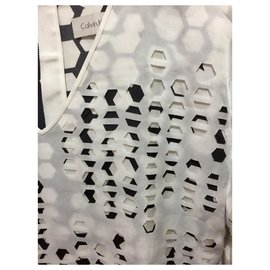 Calvin Klein-Robe en soie découpée au laser CK-Noir,Blanc