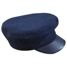Hermès-Bonnet Baker en laine et cuir Hermes-Noir,Bleu Marine