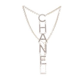 Chanel-Collier Chanel Gold CC Logo Spelled Out Crystals-Doré