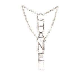 Collier Chanel Gold CC Logo Spelled Out Crystals Doré