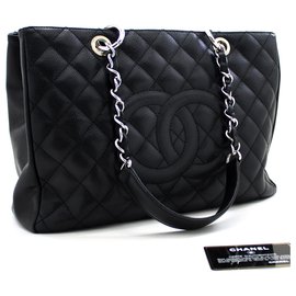 Chanel-CHANEL Caviar GST 13" Grand Shopping Tote Chain Shoulder Bag Black-Black