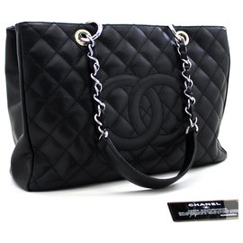 Chanel-CHANEL Caviar GST 13"Grand Shopping Tote Chain Borsa a tracolla nera-Nero