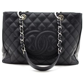 Chanel-CHANEL Caviar GST 13"Grand Shopping Tote Chain Borsa a tracolla nera-Nero