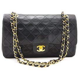 Chanel-Chanel 2.55 lined flap 10" Chain Shoulder Bag Black Lambskin-Black