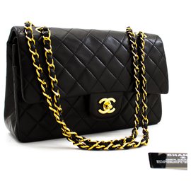 Chanel-Chanel 2.55 lined flap 10" Chain Shoulder Bag Black Lambskin-Black