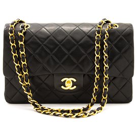 Chanel-Chanel 2.55 solapa forrada 10Bolso de hombro con cadena de piel de cordero negro-Negro