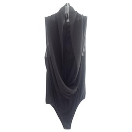 Vintage-Vintage bodysuit with flowy draped wrapping panels and stretch body-Black