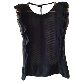 Maje Black Silk Crepe Ruffled Top Black