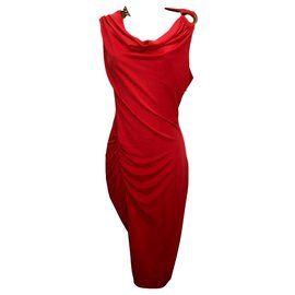 Halston Heritage-Draped dress with metal feature-Red,Coral