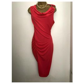 Halston Heritage-Draped dress with metal feature-Red,Coral