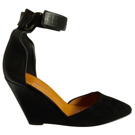 Isabel Marant-Suede and leather ankle strap wedge Shane-Black