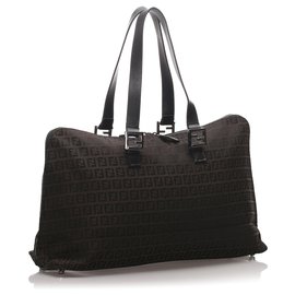 Fendi-Fendi Brown Zucchino Canvas Business Bag-Brown,Black,Dark brown