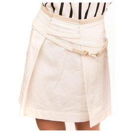 Brunello Cucinelli-BRUNELLO CUCINELLI A-Line Skirt Size 42 M Linen Blend Leather Waistband-Beige