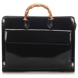 Porte-documents en cuir verni bambou noir Gucci Marron Noir