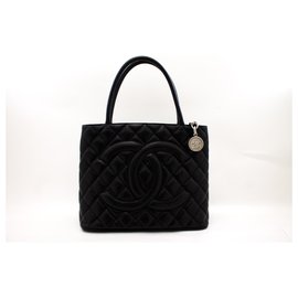 Chanel-CHANEL Silver Medallion Caviar Shoulder Bag Shopping Tote Black-Black